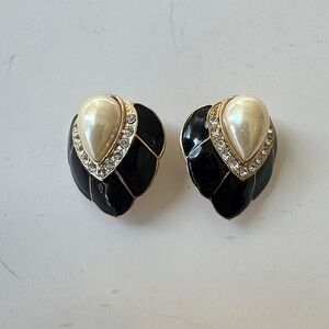 Gantos  Gold-Tone  black enamel faux Pearl and rhinestones Clip Earrings